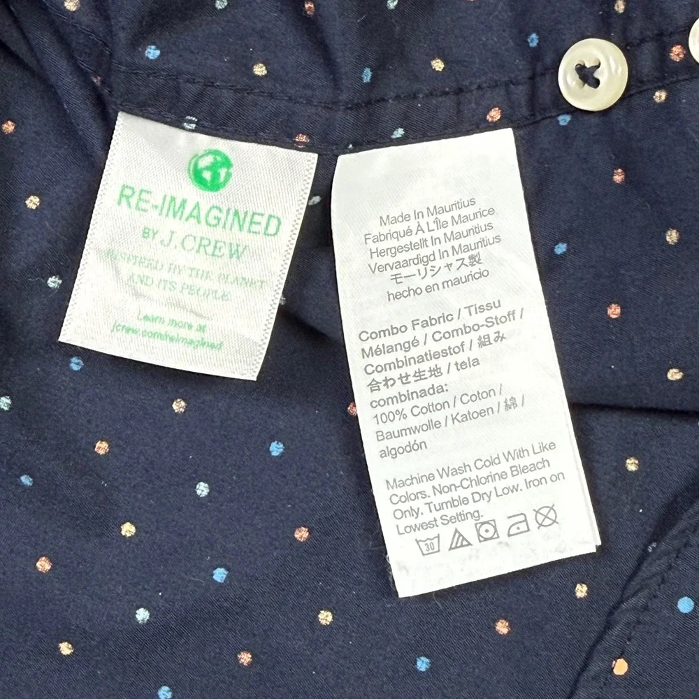J. Crew Slim Untucked Secret Wash Shirt Navy Blue Polka Dot Organic Cotton Men M
